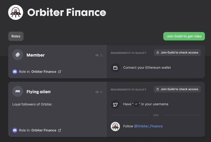 Ⓜ️Orbiter Finance × GuildXYZ
💥 Get a new role in discord

The first role is coming! 😊As might you expect.

👉 Click : discord.gg/orbiter-finance

Requirements:
1. Follow 
<a href="/Orbiter_Finance/">Orbiter Finance 🛸</a>
 
2. Have "🛸" in your username