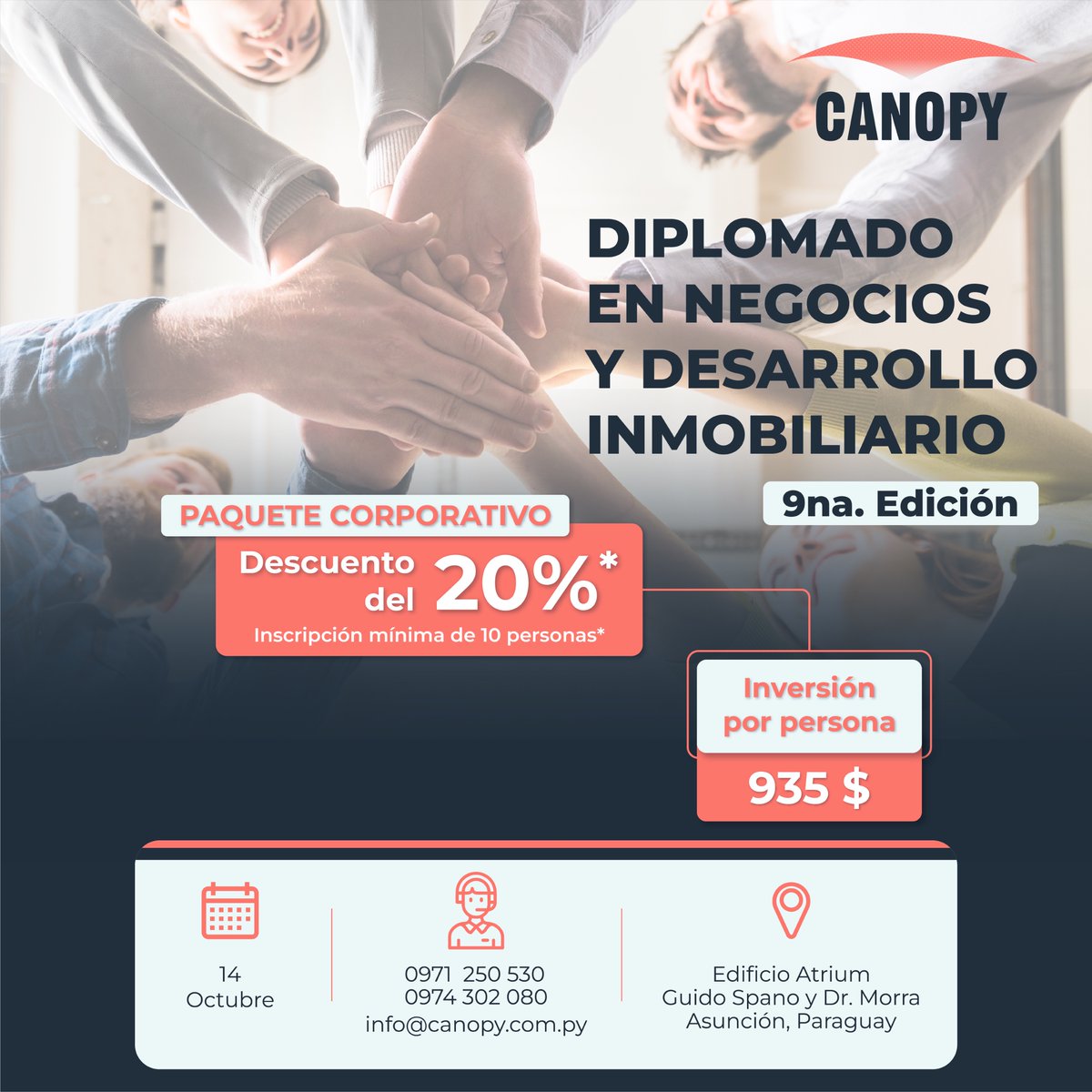 canopyparaguay's tweet photo. ¡YA está disponible nuestro PAQUETE CORPORATIVO con 20% de DESCUENTO! Inscribirte hoy mismo y así ASEGURÁS TU CUPO y el de tu EQUIPO*
*Cupos limitados.

#realestate #desarrolloinmobiliario #realstatedevelopment  #bienesraices #savethedate #inversion #inversionesinmobiliarias https://t.co/CBe0HbHglg