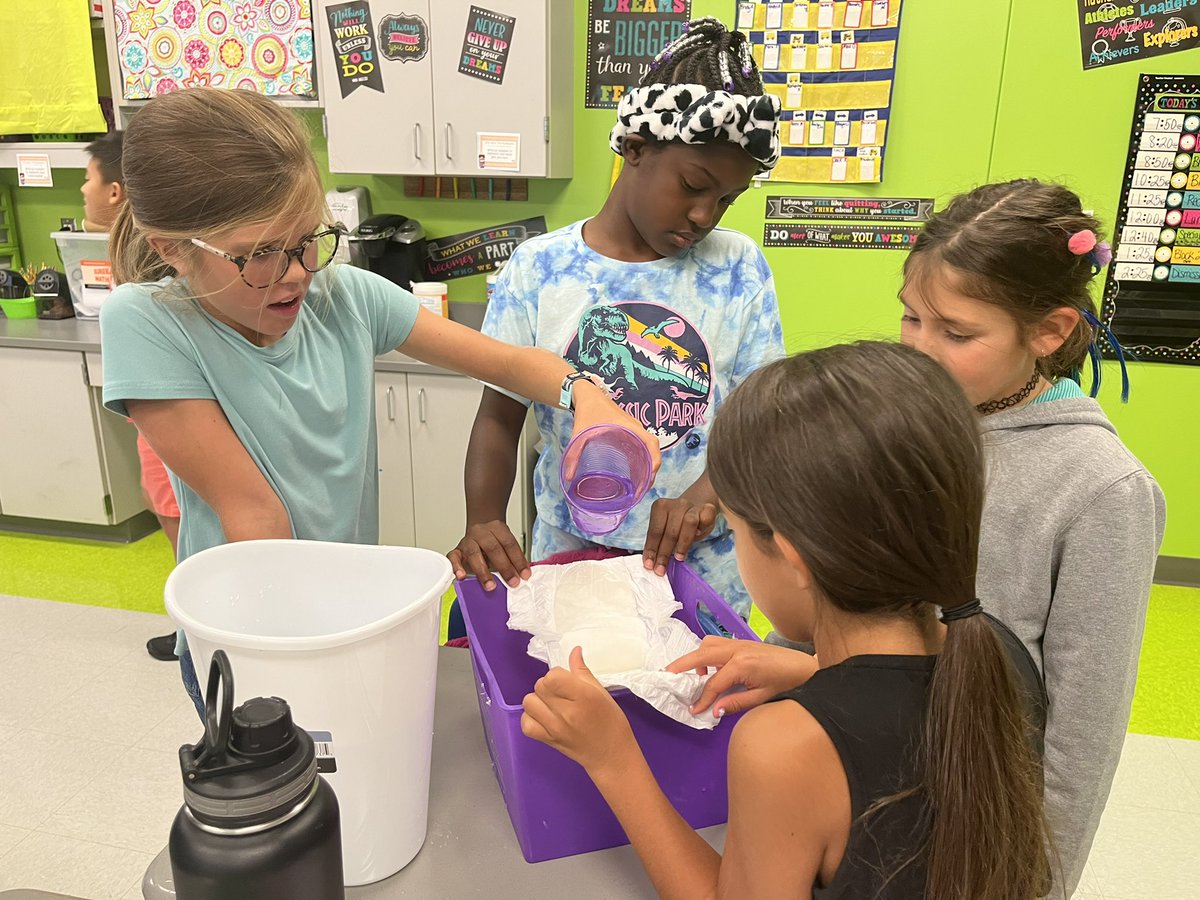 MsEsClassroom's tweet photo. One of my FAVORITE experiments every year. We start learning the scientific method. This experiment compared two brands of diapers for absorbency and it’s hilarious to see them holding baby diapers🤣#science #fourthgrade @PortersNeck https://t.co/iAM3siZ3eQ