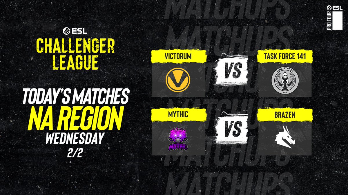 ESEA League (@esea) on Twitter photo The final matchday of Groups in the #ESLChallengerLeague NA!
<a href="/EGCSGO/">Evil Geniuses CS</a> vs. <a href="/kariESPORTS/">kariESPORTS</a>
📺 twitch.tv/esl_csgoc
<a href="/bhopesports/">BHOP Esports</a> vs. @IronBloodGaming
@Victorum_CSGO vs. Task Force 141
<a href="/MythicRebornGG/">Mythic Reborn</a> vs. @Brazen
📺 twitch.tv/esl_csgob
All games start in 30 minutes! The final matchday of Groups in the #ESLChallengerLeague NA!
<a href="/EGCSGO/">Evil Geniuses CS</a> vs. <a href="/kariESPORTS/">kariESPORTS</a>
📺 twitch.tv/esl_csgoc
<a href="/bhopesports/">BHOP Esports</a> vs. @IronBloodGaming
@Victorum_CSGO vs. Task Force 141
<a href="/MythicRebornGG/">Mythic Reborn</a> vs. @Brazen
📺 twitch.tv/esl_csgob
All games start in 30 minutes!