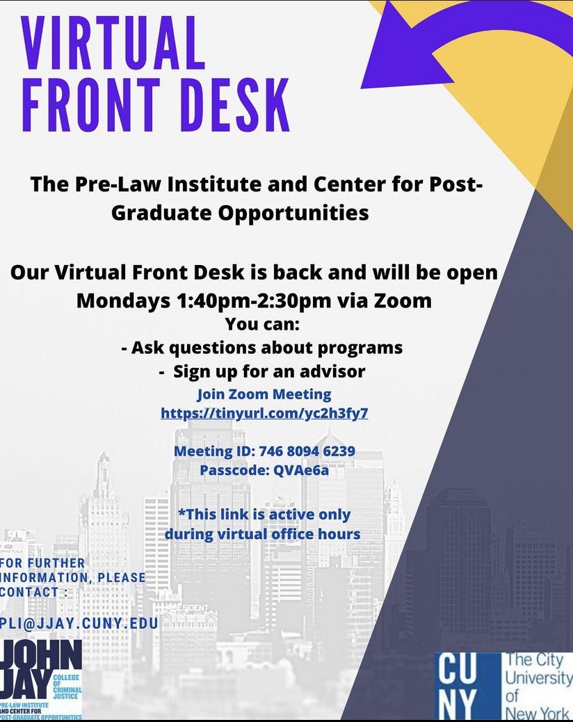 JohnJayPLI's tweet photo. Thursday, September 29, classes follow a Monday schedule. The virtual front desk will be open from 1:40-2:30 pm via zoom. Join if you have any questions! https://t.co/Yi1UcSKdFZ