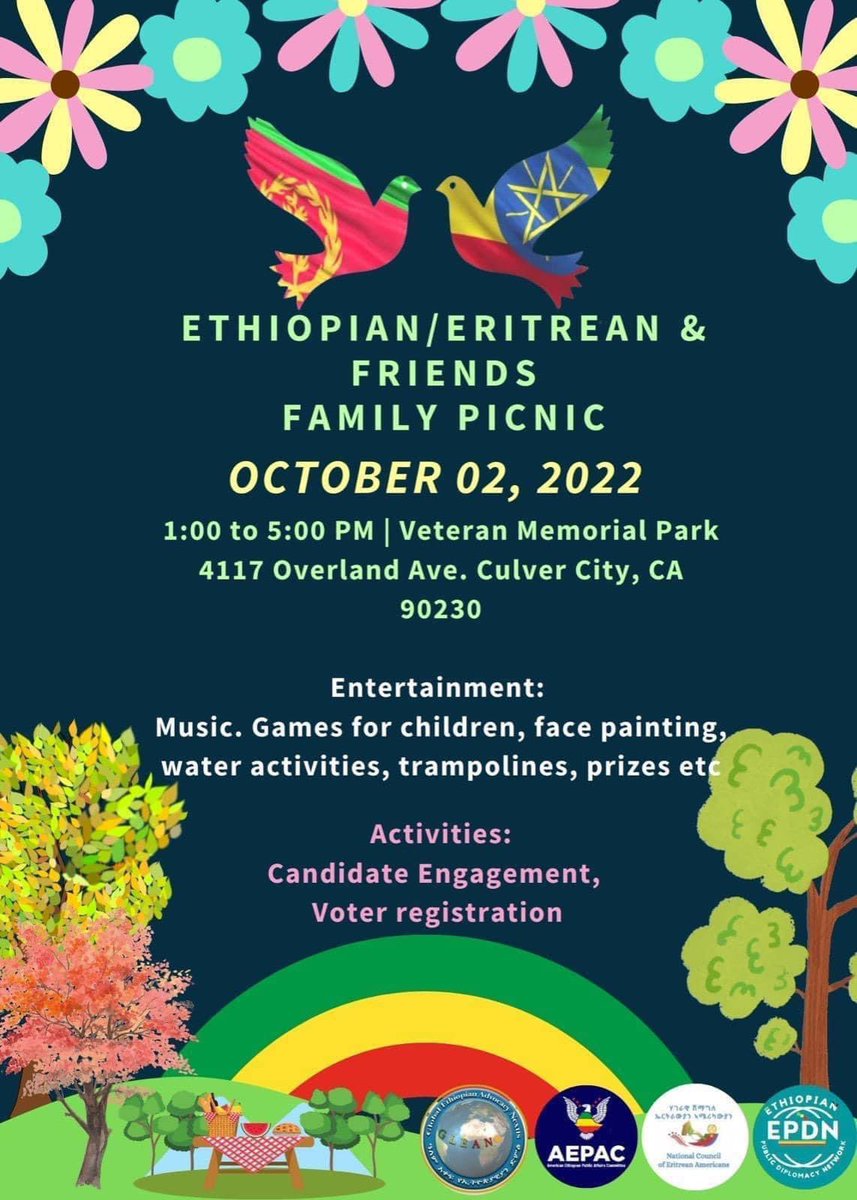 HermelaTV's tweet photo. LOS ANGELES - Come out this Sunday Oct 2nd, for our Ethiopian/Eritrean &amp; Friends family picnic. 1pm-5pm. There will be lots of activities for kids — &amp; music, political candidate engagement &amp; voter registration for adults. Everyone is welcome.🇪🇹🇪🇷🇺🇸 https://t.co/dGeUQ7g99G