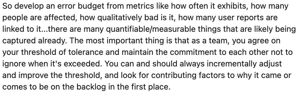 Today I proposed that the concept of #SRE like error budgets be applicable to UX-related things. Too many usability or design system out-of-bounds tasks in your backlog? It's like death by a million cuts and can never survive the knife fight against a "very important feature".