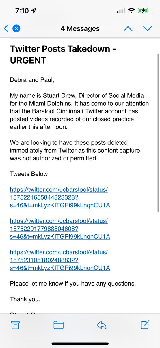 stoolpresidente's tweet photo. The @MiamiDolphins have asked our @UCBarstool to delete videos of the Dolphins practicing.   My decision below  (reupload cause didn’t want his number in there) https://t.co/zVEKWCJqm3