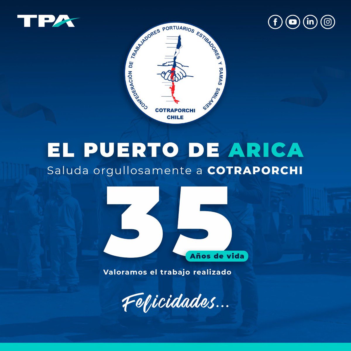 _TPA_ARICA's tweet photo. 📌📌Nuestro terminal saluda en su nuevo aniversario a @cotraporchi por su aniversario N35.

Felicidades por el trabajo construido y sobre todo gracias por siempre velar para cada uno de nuestros colaboradores y colaboradoras. https://t.co/vofY25zlHx
