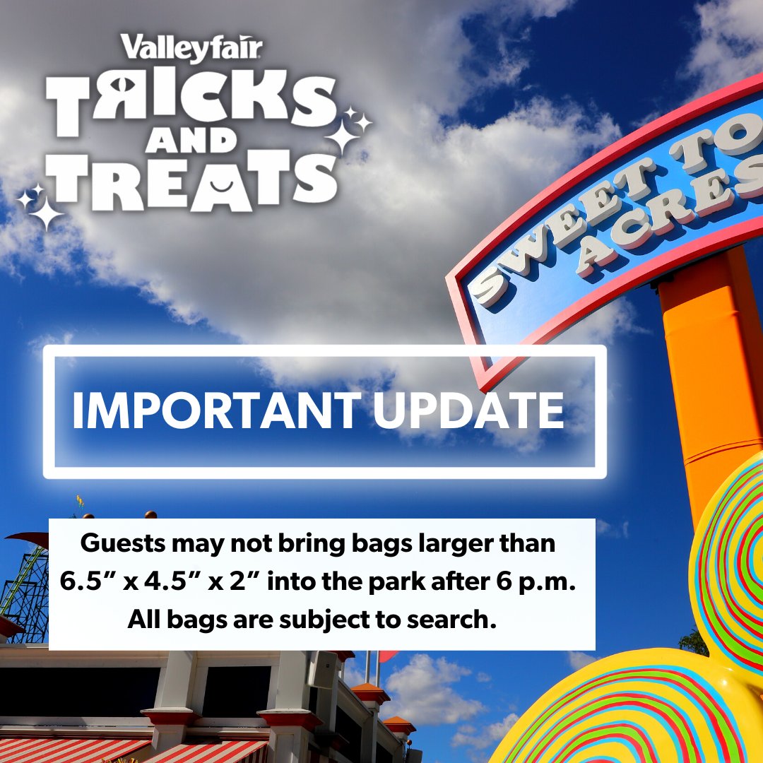 ValleyfairMN's tweet image. ❕ Important Update: To increase safety &amp;amp; provide efficient entry into the park during, guests will be asked to adhere to a new policy which states that no bags of any kind larger than 6.5” x 4.5” x 2” may be brought into the park after 6pm. More info: bit.ly/3dIceNQ