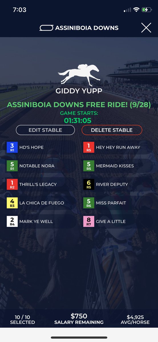 nickev14's tweet photo. Closing day at @AssiniboiaDowns. Mandatory pick 5 payout and last chance to play @StableDuel at #TheAss till next summer. Let’s get it! @BriMott
3 - 2,6/4
4 - 2/6
5 - 5,6/1
6 - 5,7
7 - 6,8/5 https://t.co/ojCPpnUNwt