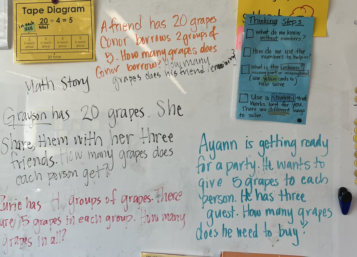 k_ramasaurus's tweet photo. Today Ms Doss @GarrisonPTA had students create their own math stories to match the images in the #BuildingFactFluency grapes Image Talk. Amazing student math thinking! Tomorrow they’ll write equations to match after a tool talk. What a great extension! @gfletchy @TracyZager https://t.co/Cx1bS1Y8oX