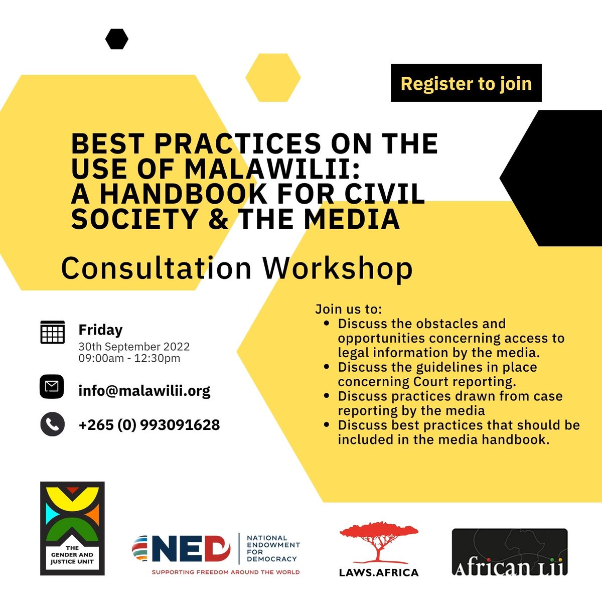 Malawi Legal Information Institute (@malawilii) on Twitter photo <a href="/GJU_Malawi/">The Gender & Justice Unit</a> with support from <a href="/NED/">Ned Baldessin</a> <a href="/AfricanLII/">AfricanLII</a> is thrilled to facilitate a consultation workshop on the best practices on the use of MalawiLII in the development of a handbook for civil society & the media. Register to join online. docs.google.com/forms/d/1N1Pi2… <a href="/GJU_Malawi/">The Gender & Justice Unit</a> with support from <a href="/NED/">Ned Baldessin</a> <a href="/AfricanLII/">AfricanLII</a> is thrilled to facilitate a consultation workshop on the best practices on the use of MalawiLII in the development of a handbook for civil society & the media. Register to join online. docs.google.com/forms/d/1N1Pi2…