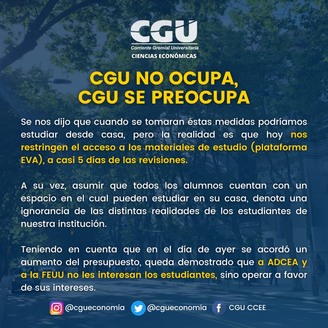 CgUeconomia's tweet photo. Comunicado de CGU Economía ante la medida de  ocupación de la FCEA en el día de la fecha. https://t.co/U7KdQUzrl3