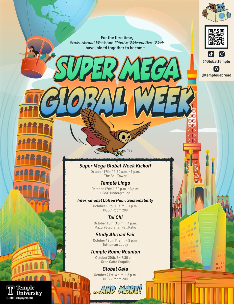 Announcing...
🌟🌎 SUPER MEGA GLOBAL WEEK 🌎 🌟 
For the first time, Study Abroad Week and #YouAreWelcomeHere Week have joined together to become... Super Mega Global Week! Join us for this exciting weeklong celebration of Temple's global community!
linktr.ee/globaltempleowl
