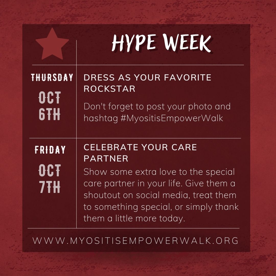 MyositisSupport's tweet photo. Get ready for the 4th Annual #MyositisEmpowerWalk Hype Week starting Sunday, Oct. 2nd with Myositis Empower Hour! Lots of fun activities! Check out all Hype Week activities at https://t.co/MlmHehC9J3 #myositis #walknroll #HypeWeek #inflammatorymyopathy #myositiswarriors https://t.co/BT6zS82sW2
