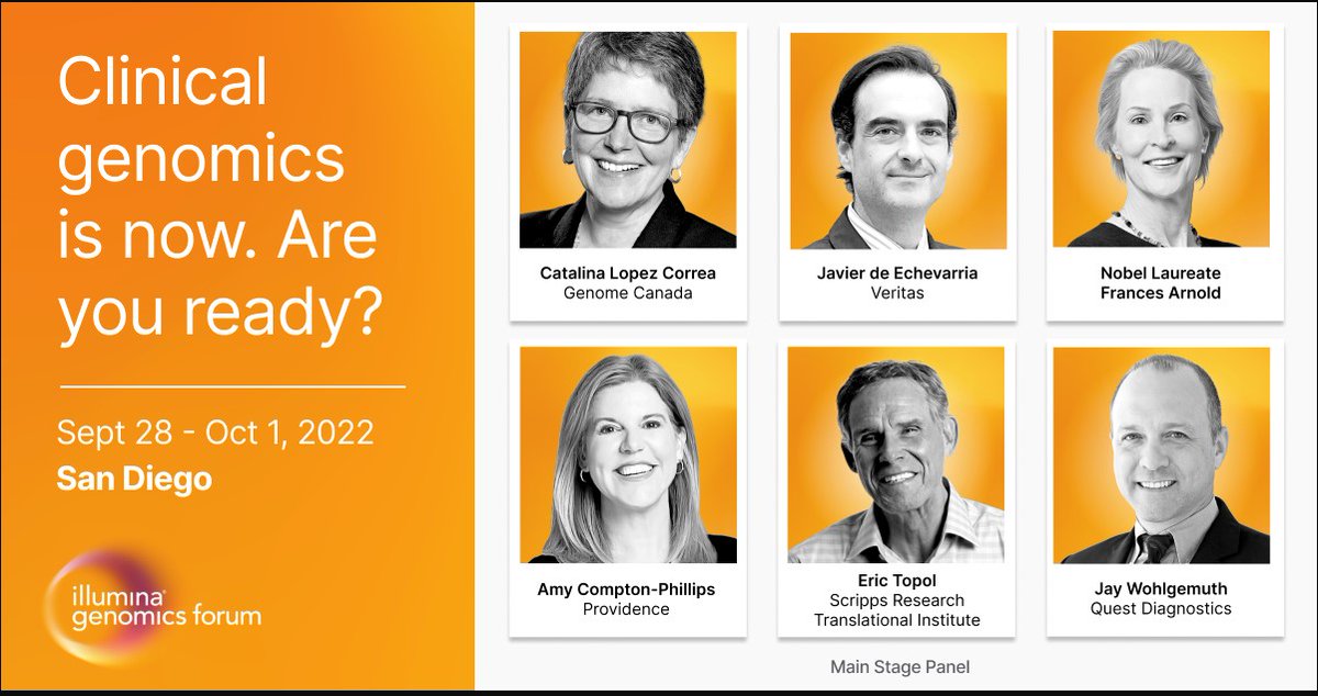 Alex_Aravanis's tweet photo. Looking forward to hearing from @francesarnold, @EricTopol, @amyleecp3, @j_echevarria, @clopezcorrea, and @WohlgemuthJay as they talk about groundbreaking applications of genomics within healthcare. 
#IGF #Genomics4Good https://t.co/U0haAPkQw0