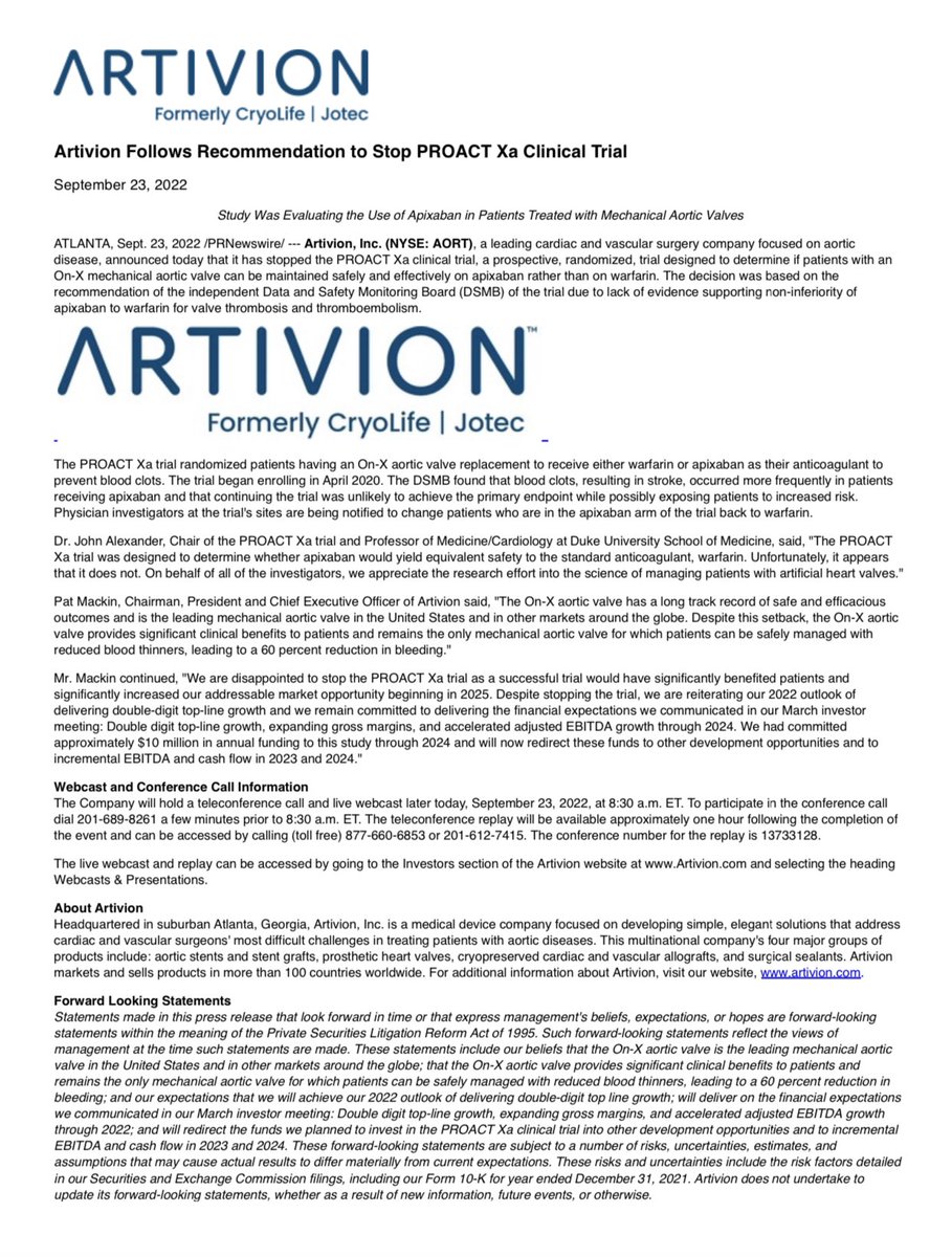 The #PROACT Xa trial has been halted prematurely after it was found that #Apixaban carried a greater risk of blood clots leading to stroke when compared with #warfarin in patients with the on-X mechanical #AV investors.artivion.com/news-releases/… @mmamas1973 @HeartOTXHeartMD @SchakrabartiEP