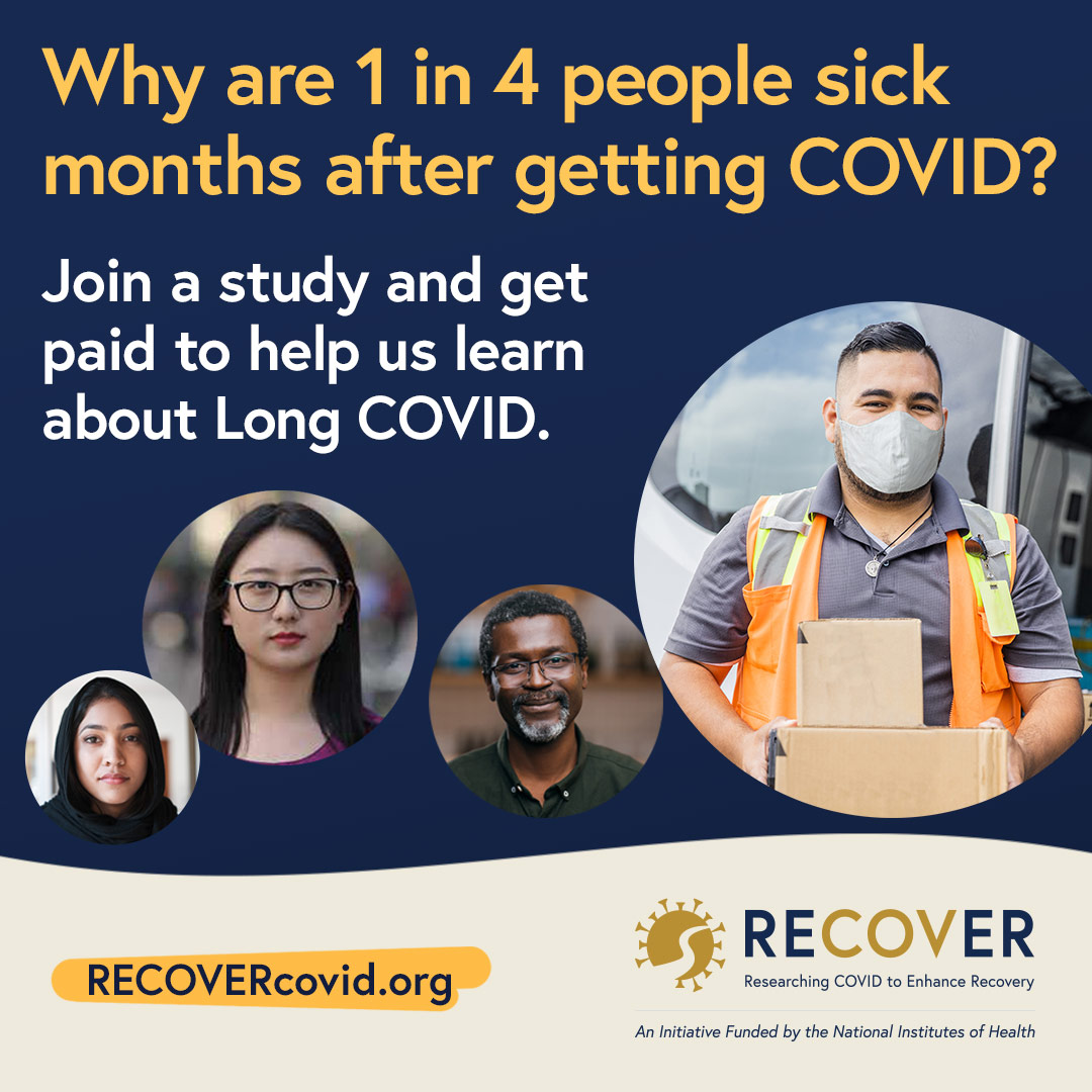 Together we can learn more. Reach out to us TODAY to see how you can help us understand more about #COVID19 and #LongCovid. We need people from all different backgrounds to join our studies so we can find answers for everyone. RECOVERcovid.org #RECOVERcovid
