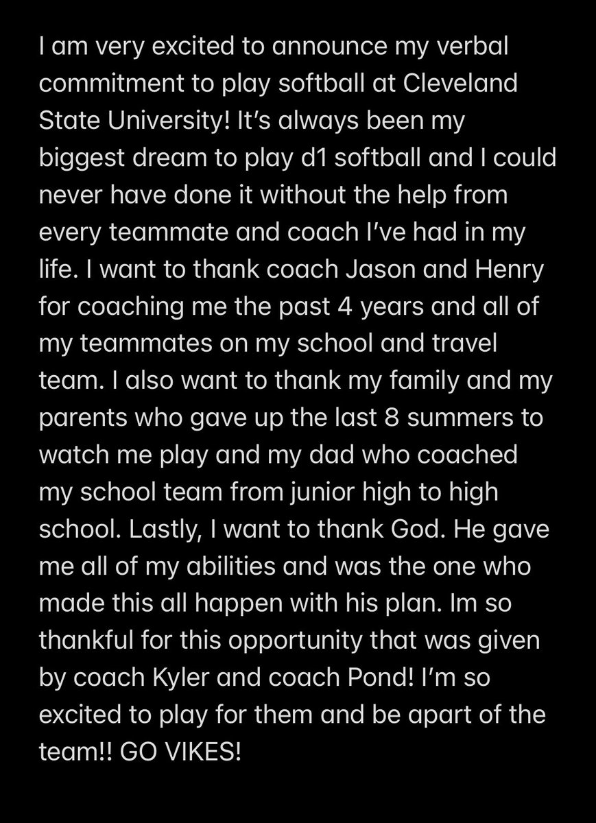 I’m so blessed and excited to announce my verbal commitment to Cleveland State University to farther my athletic and academic career!! So thankful for this opportunity and I can’t wait to be a Viking! <a href="/CSU_Softball/">Cleveland State Softball</a> <a href="/05Ohio/">Team Ohio Black 05</a> <a href="/FCAknights_sb/">FCA Knights Softball</a>