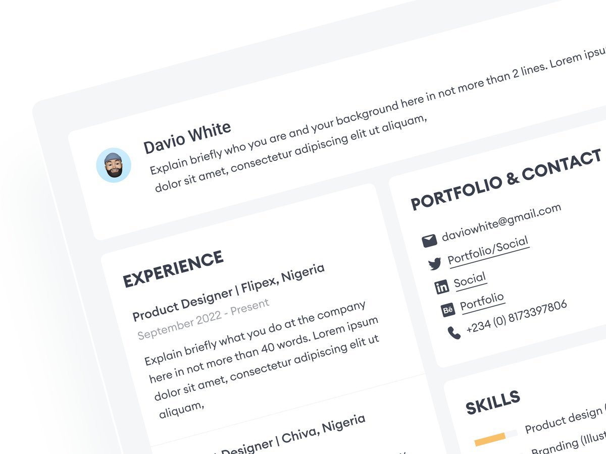 Daviowhite's tweet image. Designers, I created a Resume (CV) template for you, grab here and edit as you wish.
figma.com/community/file…