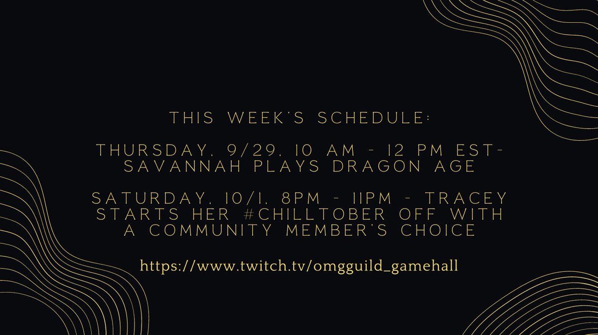 Our streaming schedule this week! Check out Dragon Age tomorrow, and a community member will choose  @nachopkb's game on Saturday to kick off #chilltober! (Non-scary games for the sensory sensitive folks out there. ) Join us, won't you?