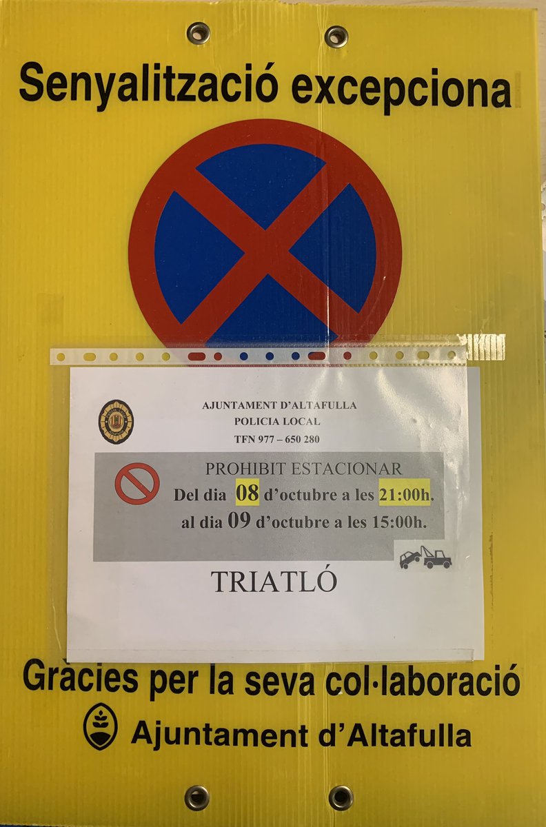 Comencem la senyalització per la triatló que se celebrarà el proper día 9 d’Octubre del 2022.
Lloca on estarà prohibit estacionar:
Ronda d’altafulla
C/Ermita
C/Lluis Companys
C/Comunidor
C/Era de l’hospital
C/Camí del
C/Enviada
C/Jaume 1
Vía Augusta 
Pl.Consulat de mar