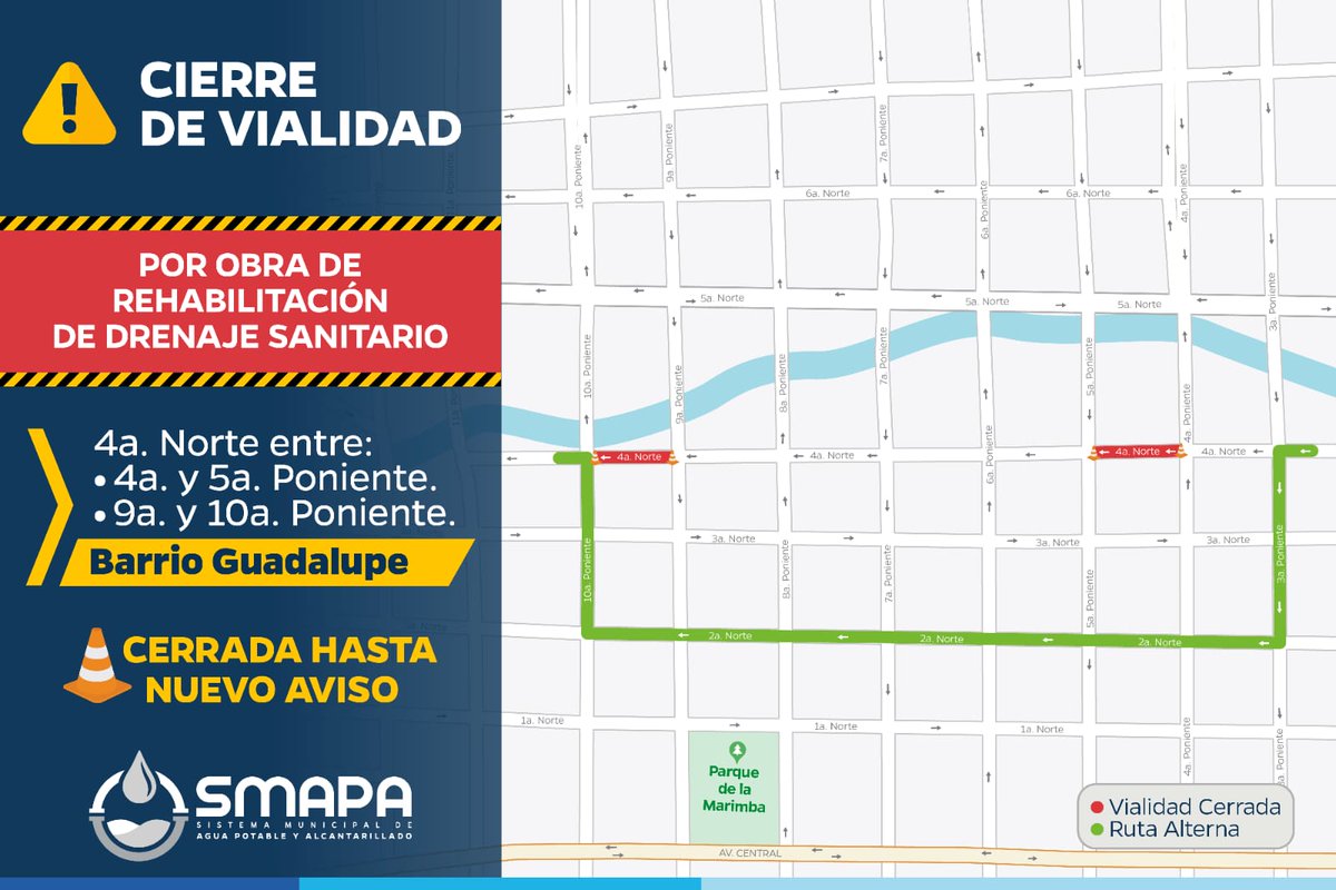 TuxtlaSMAPA's tweet photo. 🚧Atento Aviso🚧

Por rehabilitación de drenaje sanitario se mantiene cerrada a la circulación vehicular las siguientes vialidades del Barrio Guadalupe:

4a. Norte entre 4a. y 5a. Poniente.
4a. Norte entre 9a. y 10a. Poniente. https://t.co/0g7BKI9Ggm