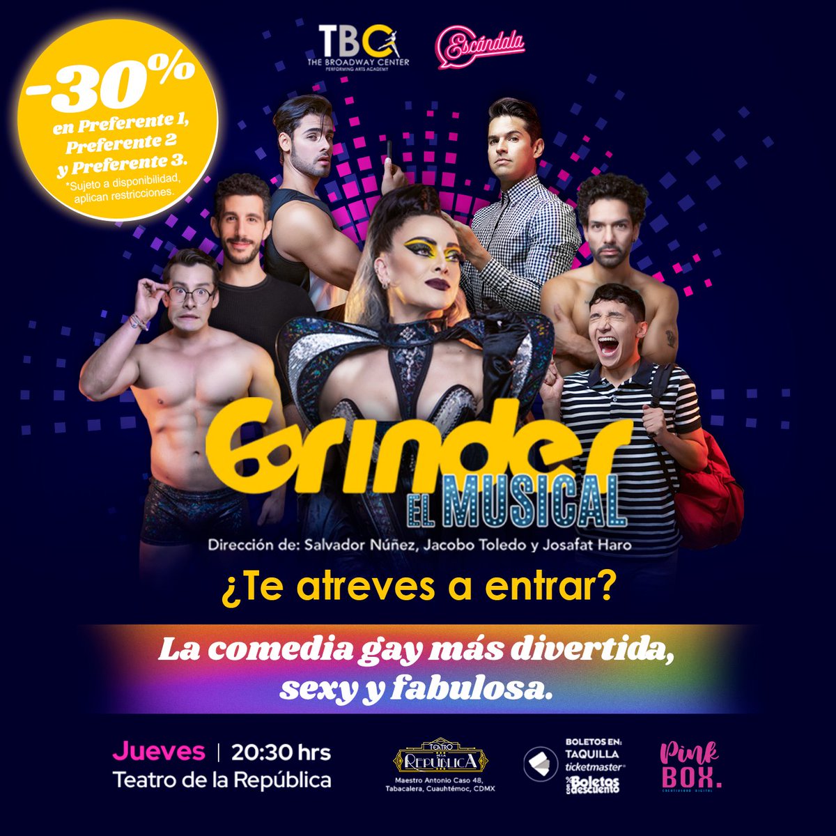 ¡Mis teatreras! Recuerden que su tía Escándala les trae una promo para que no se pierdan @GrinderMexico, la comedia musical gay más divertida de la cartelera. Entren al enlace y obtengan un 30% de descuento Preferente 1, 2 3 👉 bit.ly/3SD1qPH #teatro #gay #cdmx