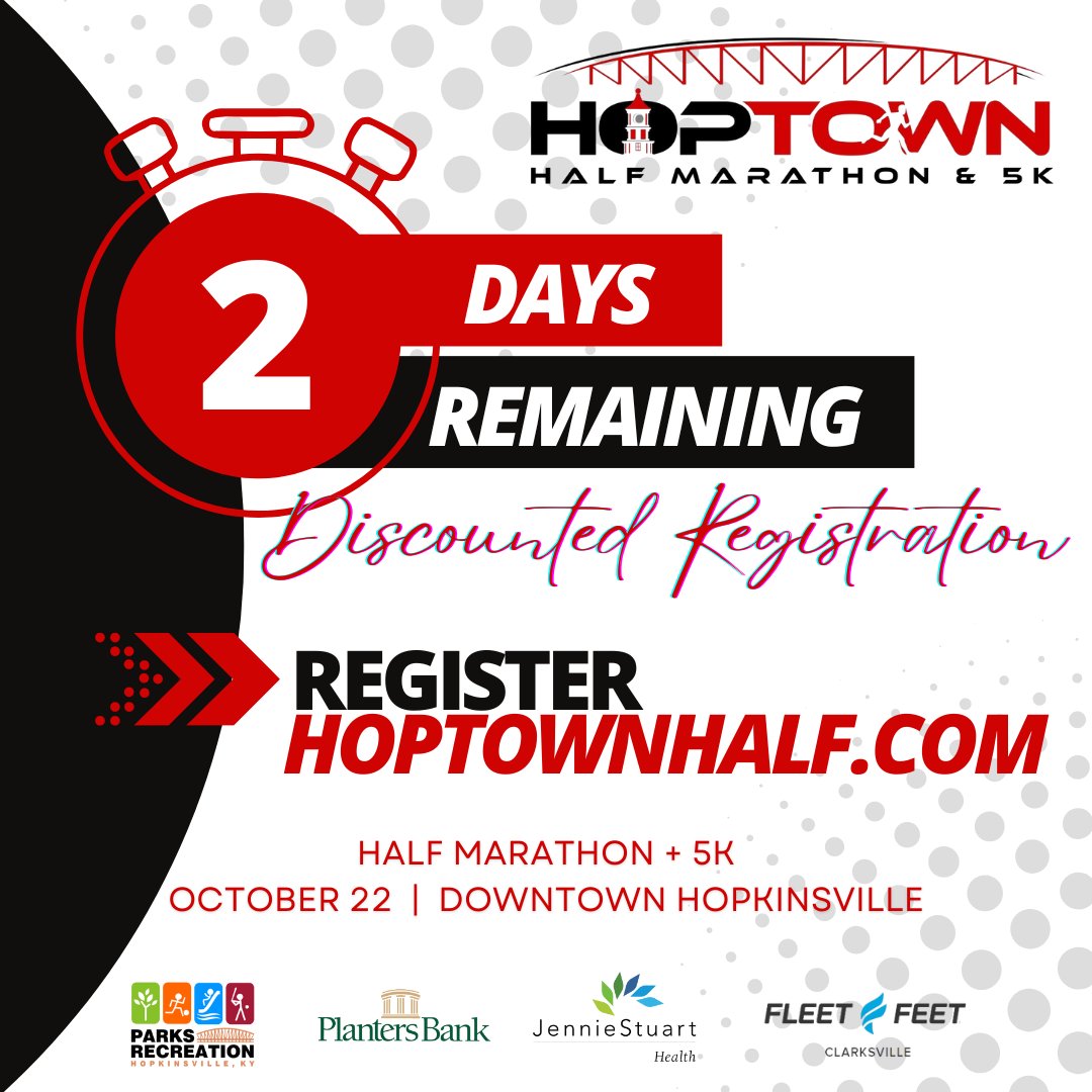 2️⃣ DAYS FOR EARLY REGISTRATION - don't miss this special discount. Stay tuned - tomorrow we will unveil this year's shirts! 👕
hoptownhalf.com
#HoptownHalfMarathon #kyhalfmarathon #raceinfo #hopkinsvilleevents #5krace #HoptownHalf  #certifiedhalfmarathon