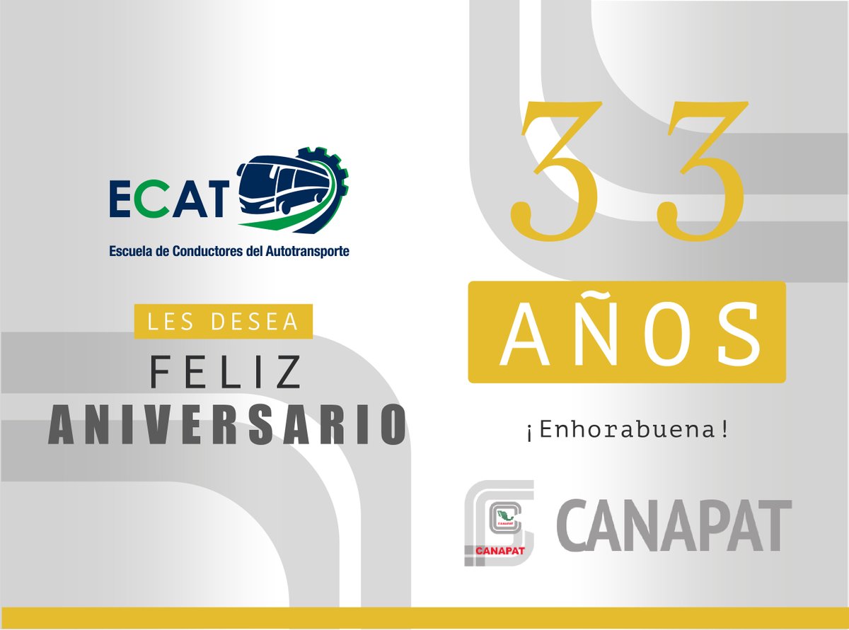 ECATautobuses's tweet photo. Enviamos nuestra más afectuosa felicitación a la CANAPAT en su 33° aniversario. 

#CANAPAT33Años #CANAPAT #autotransporte https://t.co/K2pJj0IUsG