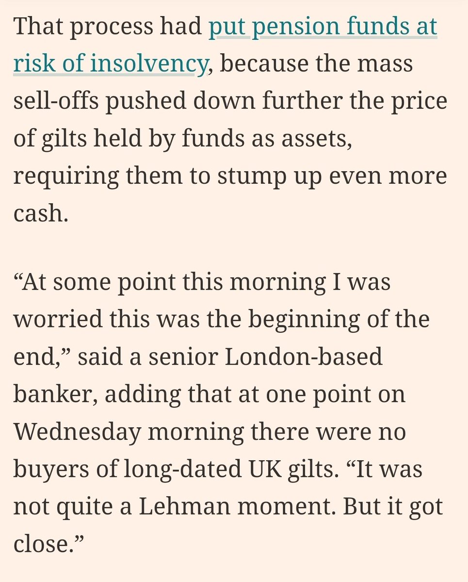 BondHack's tweet image. Jaw-dropping quotes on just how close we came to catastrophe today.

Senior banker describing the leveraged unwind in Gilts as coming close to triggering a &quot;Lehman moment&quot;. Asset manager accusing the Bank of England of ignoring calls to intervene sooner 🤯
ft.com/content/756e81…