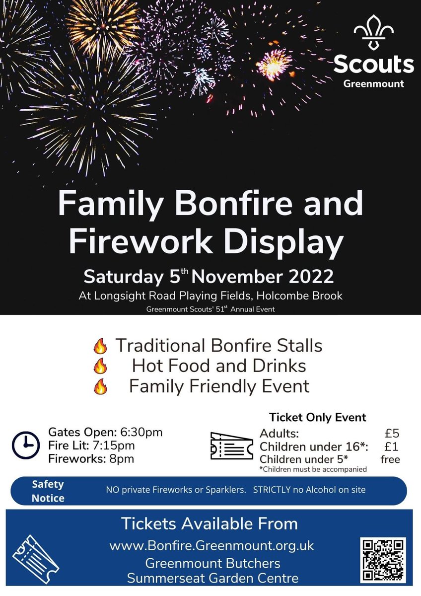 We are back by popular demand after a 2 year COVID break

Saturday 5th November at Longsight Road

Traditional family fun stalls, hot food and drinks plus of course bonfire and firework display.

Ticket only event - booking website is now live bonfire.greenmount.org.uk