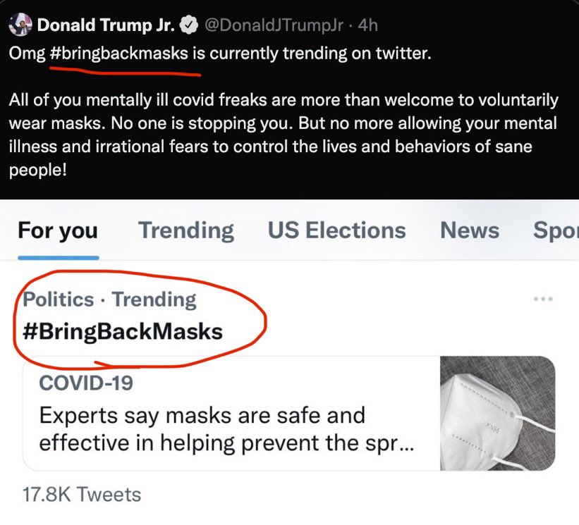 📍OMG— our #BringBackMasks hashtag has officially pissed off Don Jr!!! Let’s keep it going. RT the thread 🧵 below 👇 

(Big high five 🙌 to <a href="/DaliaHasanMD/">Dalia Hasan MD MSc</a> for starting the hashtag #️⃣)