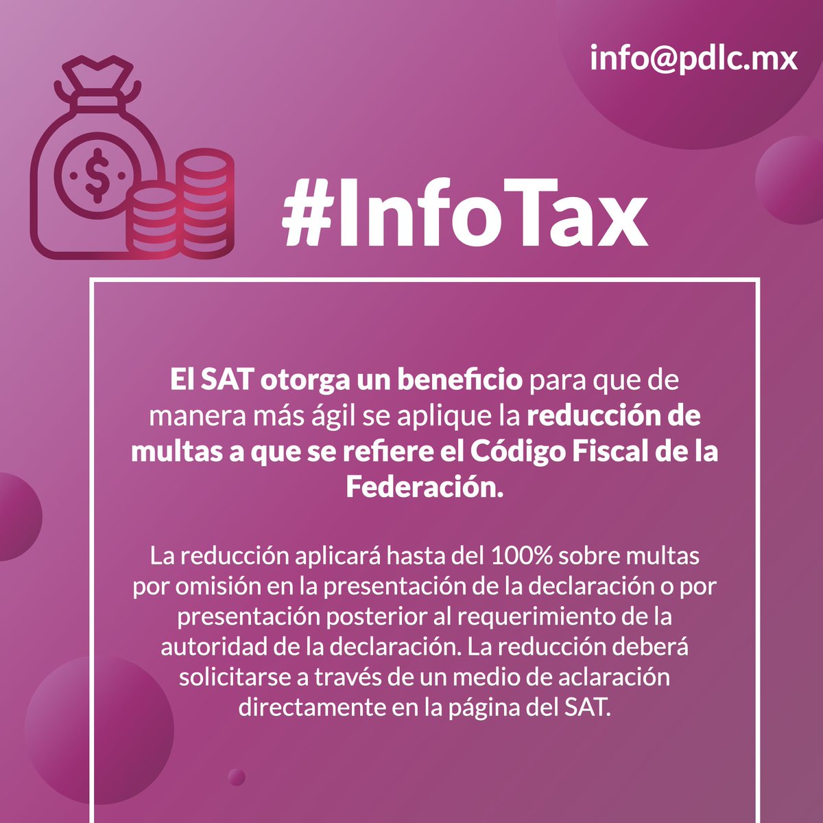 PDLCmx's tweet photo. El SAT otorga un beneficio para que de manera más ágil se aplique la reducción de multas a que se refiere el Código Fiscal de la Federación...
#InfoTax #pdcl #reducciónDeMultas #CódigoFiscal https://t.co/D3QyJGL9Bb