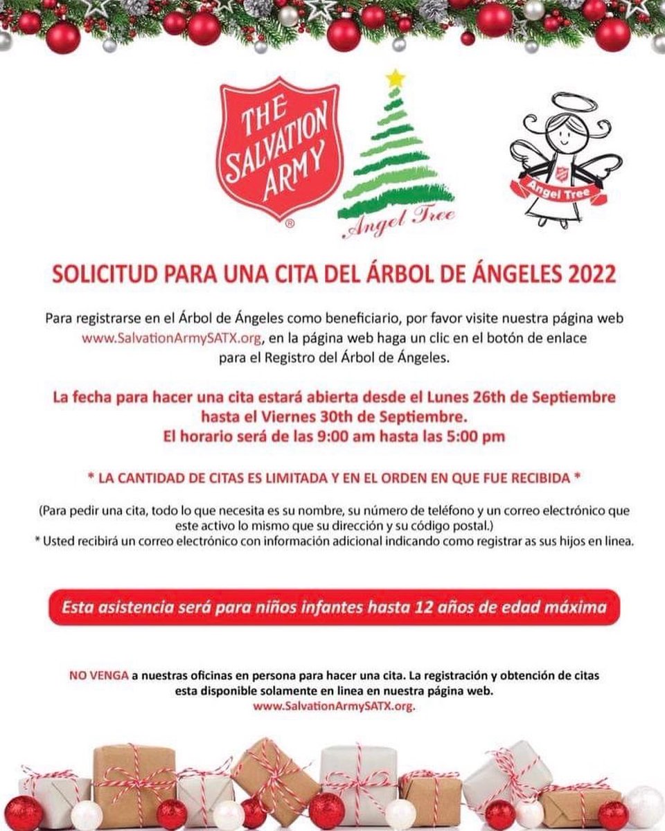 TIME IS RUNNING OUT!!! We are accepting requests for appointments for our 2022 Angel Tree Program until THIS FRIDAY. Angel Tree registration will take place today through this Friday from 9 a.m. to 5 p.m. each day ONLINE ONLY at SalvationArmySATX.org.