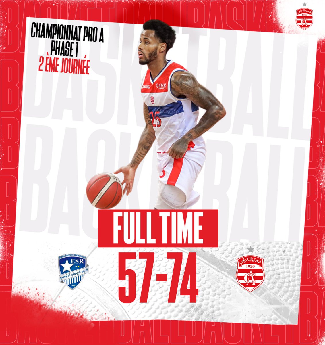 clubafricain's tweet photo. 🏀 🏆 Pro A - journée 2 🏀 #ESRCA
Étoile Sportive de Radès  57-74 #ClubAfricain 🔴⚪
▪️Pour plus de détails  👉 https://t.co/B0YlahuipF https://t.co/EQP7OTIthS
