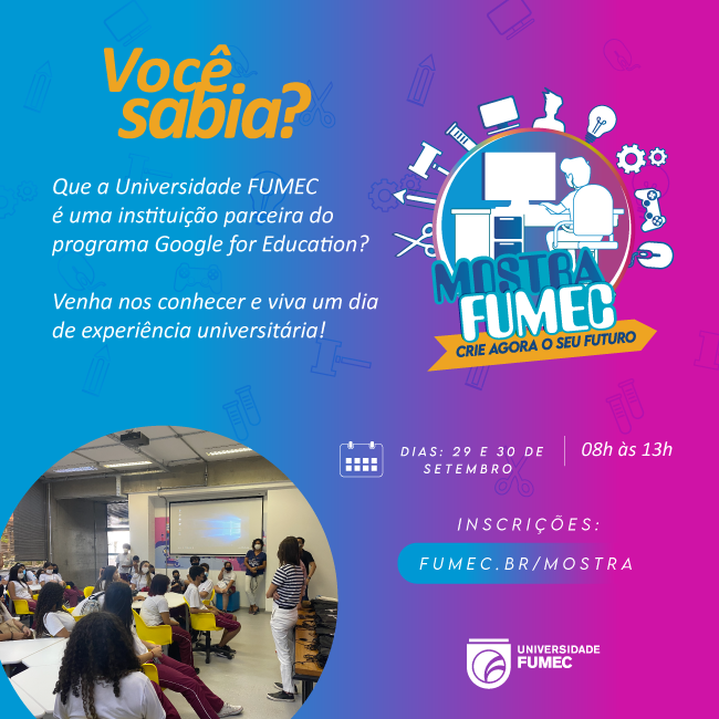 fumec's tweet photo. Amanhã começa a Mostra FUMEC! Venha conhecer nossos cursos de graduação e tirar suas dúvidas sobre a Universidade! Acesse: https://t.co/jem1IRAlGp e inscreva-se!

#universidadefumec #universidade #fumec #mostrafumec #mostradeprofissões #inscrições https://t.co/11eVA9raHx