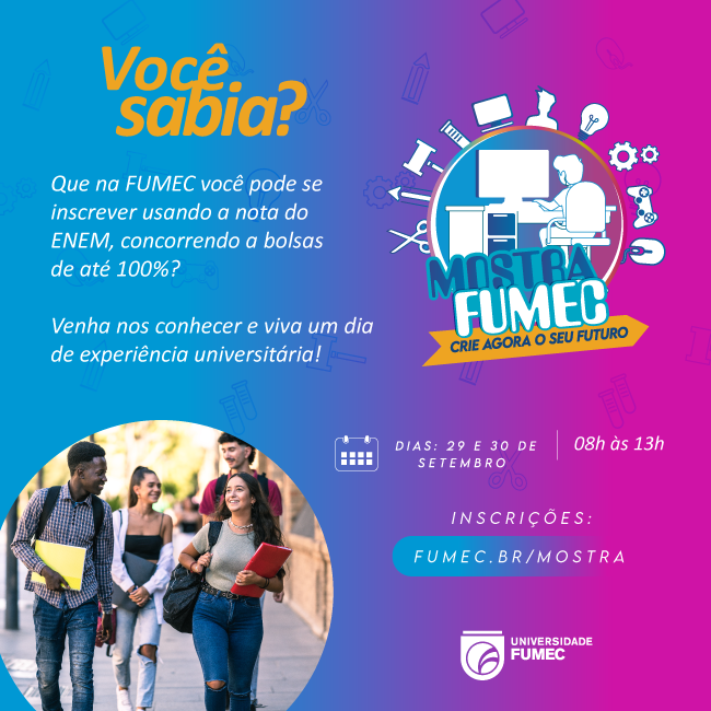 fumec's tweet photo. Amanhã começa a Mostra FUMEC! Venha conhecer nossos cursos de graduação e tirar suas dúvidas sobre a Universidade! Acesse: https://t.co/jem1IRAlGp e inscreva-se!

#universidadefumec #universidade #fumec #mostrafumec #mostradeprofissões #inscrições https://t.co/11eVA9raHx