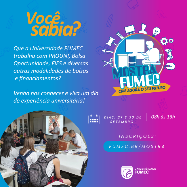 fumec's tweet photo. Amanhã começa a Mostra FUMEC! Venha conhecer nossos cursos de graduação e tirar suas dúvidas sobre a Universidade! Acesse: https://t.co/jem1IRAlGp e inscreva-se!

#universidadefumec #universidade #fumec #mostrafumec #mostradeprofissões #inscrições https://t.co/11eVA9raHx