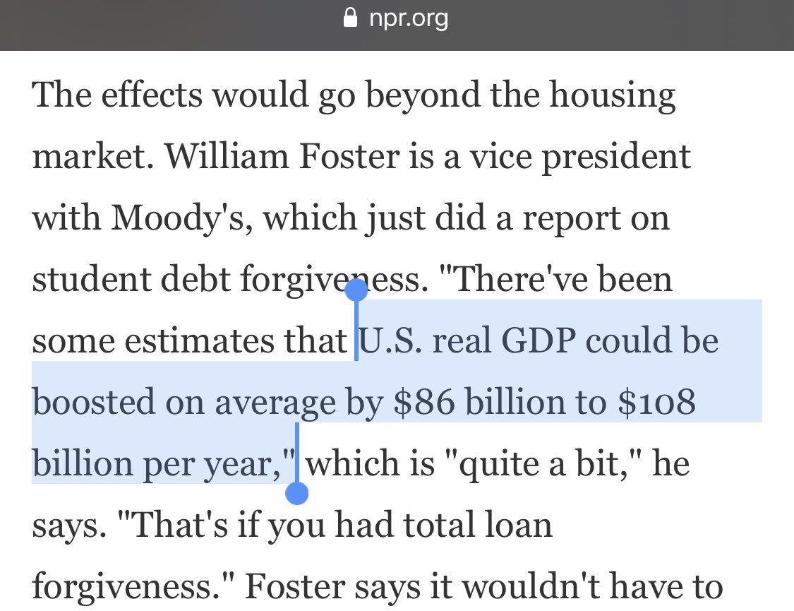 PushDemsLeft's tweet photo. 2) Studies show >$500b of student debt would never be repaid anyway, meaning it would just get written off in the end regardless.

Total cancelation would put this money into the economy, adding 4.4m jobs, increasing home ownership by 300k/yr, and increasing GDP by $86-108b/yr. https://t.co/7tXuYoD2LM