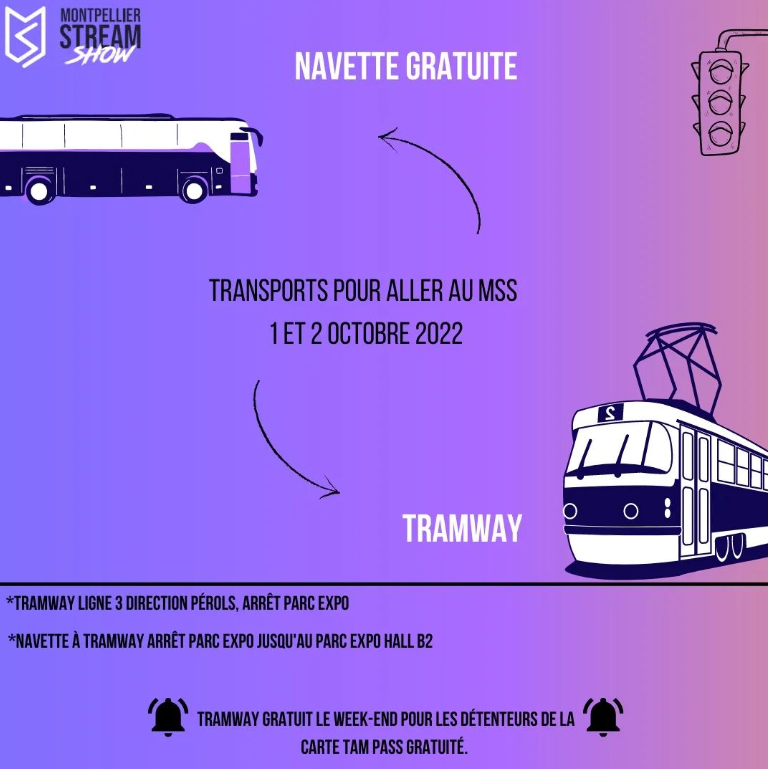 🟣INFO PRATIQUE🟣
Une navette gratuite à l'arrêt de tramway parc Expo vous déposera directement devant l'entrée principale de l'événement (Parc Expo Hall B2). Pour plus d'infos n'hésitez pas à consulter notre site rubrique "Infos Pratiques."
montpellierstreamshow.com/infos-pratique…

À très vite