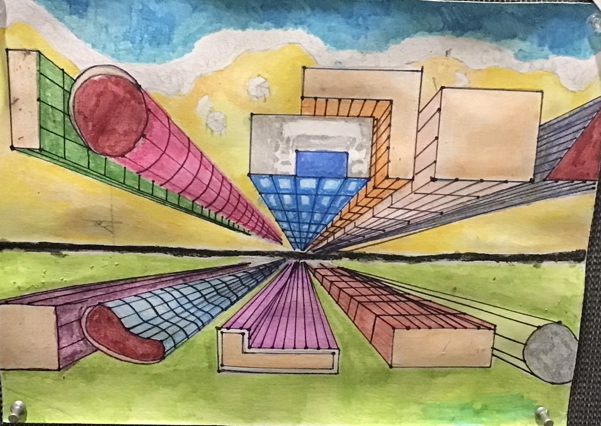 UnfinishedEd's tweet photo. 8th-Grade one-point perspective drawings. Students had a choice of drawing the point-of-view from the city street or from the sky.  @GilmanSchool https://t.co/IhmEyVTG3d
