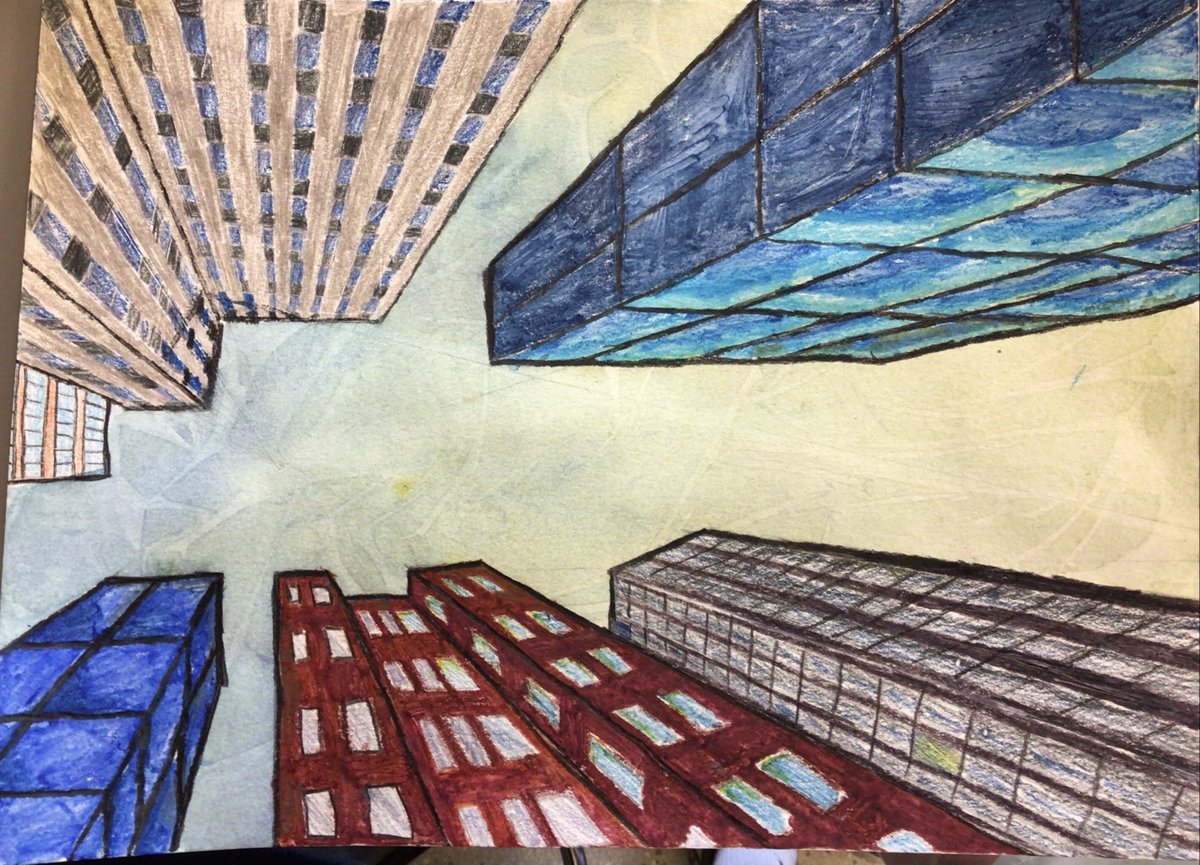 UnfinishedEd's tweet photo. 8th-Grade one-point perspective drawings. Students had a choice of drawing the point-of-view from the city street or from the sky.  @GilmanSchool https://t.co/IhmEyVTG3d