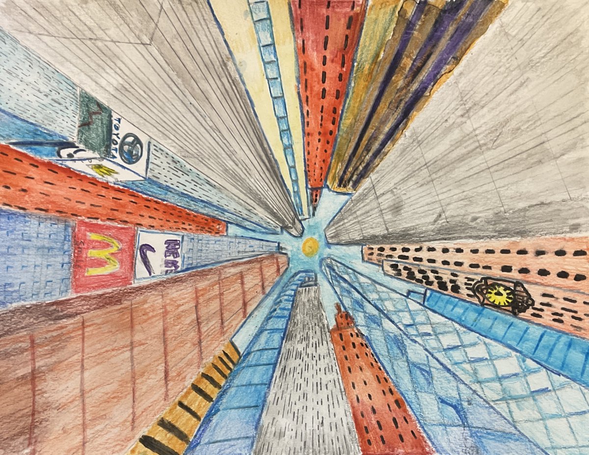 UnfinishedEd's tweet photo. 8th-Grade one-point perspective drawings. Students had a choice of drawing the point-of-view from the city street or from the sky.  @GilmanSchool https://t.co/IhmEyVTG3d