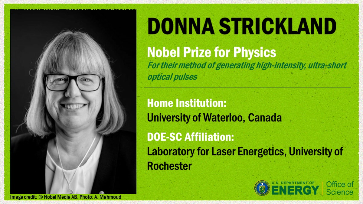 doescience's tweet image. Donna Strickland co-developed chirped pulse amplification – ultrashort-pulse, high-intensity laser pulses that do not destroy the amplifying material. Millions of eye surgeries now use this precision laser technique. #Basic2Breakthrough @UWaterloo @UofR: nobelprize.org/womenwhochange…