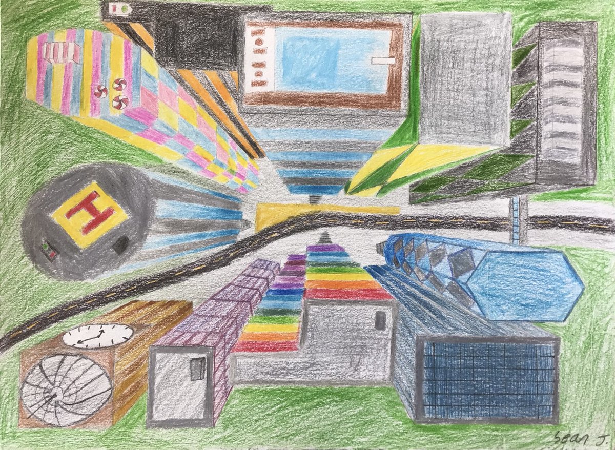 UnfinishedEd's tweet photo. 8th-Grade one-point perspective drawings. Students had a choice of drawing the point-of-view from the city street or from the sky.  @GilmanSchool https://t.co/IhmEyVTG3d