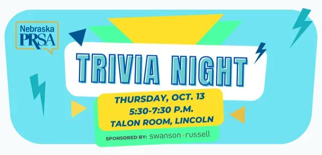 PRSANebraska's tweet photo. Are you a #PR wizard? Find out at our Oct. 13 event! Trivia Night will take place at the Talon Room in Lincoln from 5:30 to 7:30 p.m. and will test your #PRSANE and PR industry knowledge. General and pop culture trivia will also be included. Register >> https://t.co/nKJ25c0EWv. https://t.co/QqZAUCRNGI