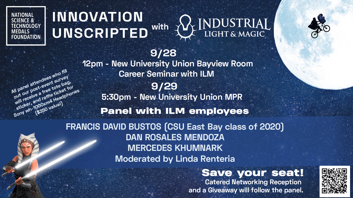 NSTMF's tweet photo. TOMORROW: #InnovationUnscripted with @ILMVFX featuring Daniel Rosales Mendoza, Mercedes Khumnark + Francis David Bustos (@CalStateEastBay c/o 2020) where they will chat about their time working at one of the leading #VFX companies in the world!

Register: https://t.co/MMQcfFIoNN https://t.co/8Arc47hMxa