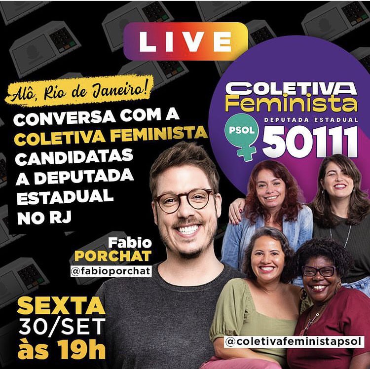 coletivafempsol's tweet photo. Galera! @FabioPorchat nos convidou pra uma live no instagram que será na sexta às 19h. Imperdível!!! Obrigada, Fábio, pela oportunidade de trocar essa ideia e divulgar nossa candidatura coletiva e feminista pra dep. estadual no RJ. 😍🤩 https://t.co/S3AEkglO2x