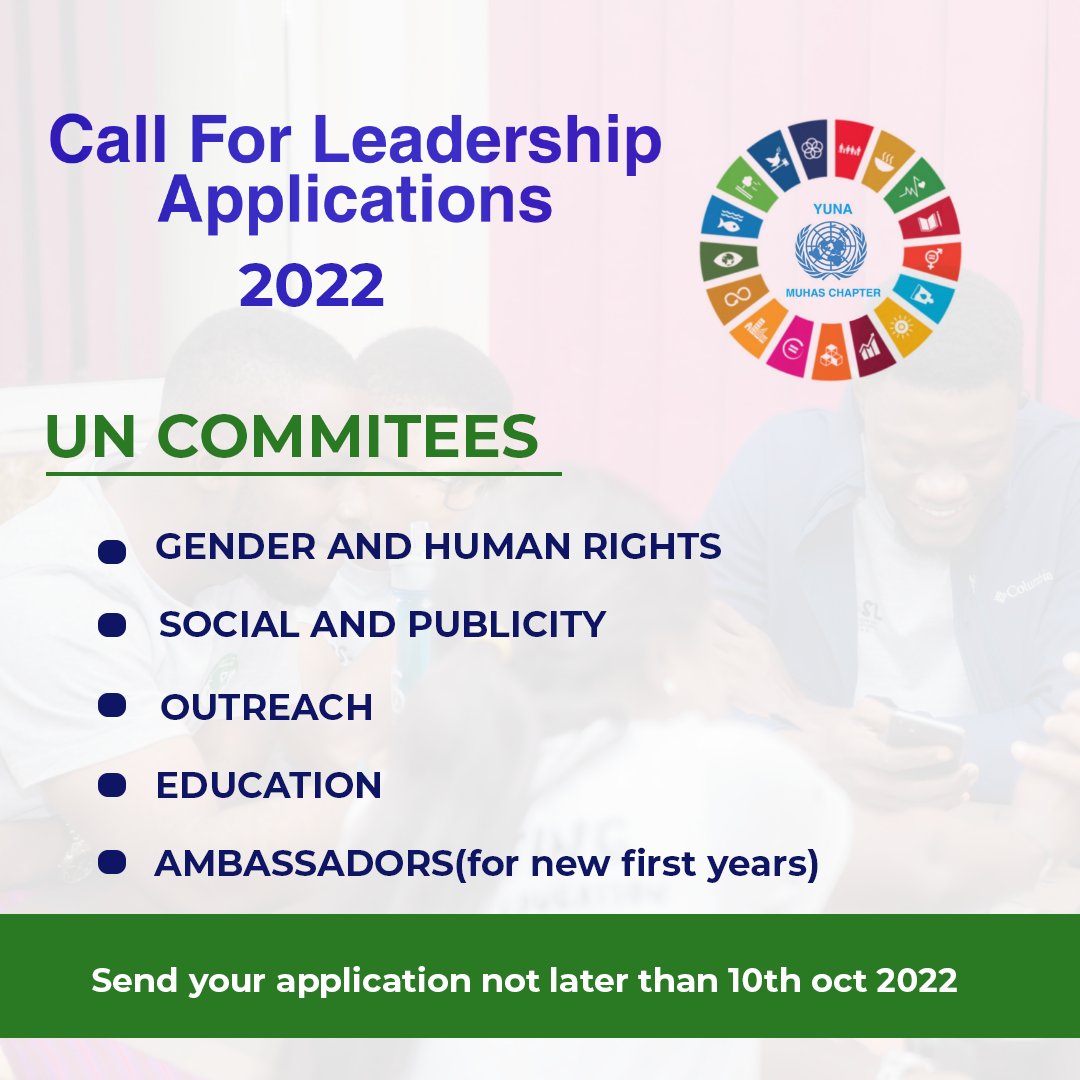 YunaMuhas's tweet photo. A CALL FOR UN COMMITEES YUNA MUHAS CHAPTER
Send your application Via
https://t.co/YTFQ8CXTWV
Not later Than 10th Oct 2022
Your All welcome π₯π₯π₯
#yunatz
#unyouths
#youthinaction https://t.co/A21UXrpm4x