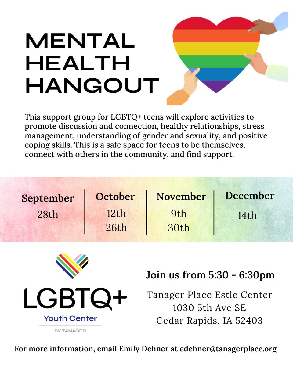 Our Mental Health Hangout groups begin tonight at the LGBTQ+ Youth Center from 5:30-6:30pm. Youth are invited to join us for connection, support and skill building.