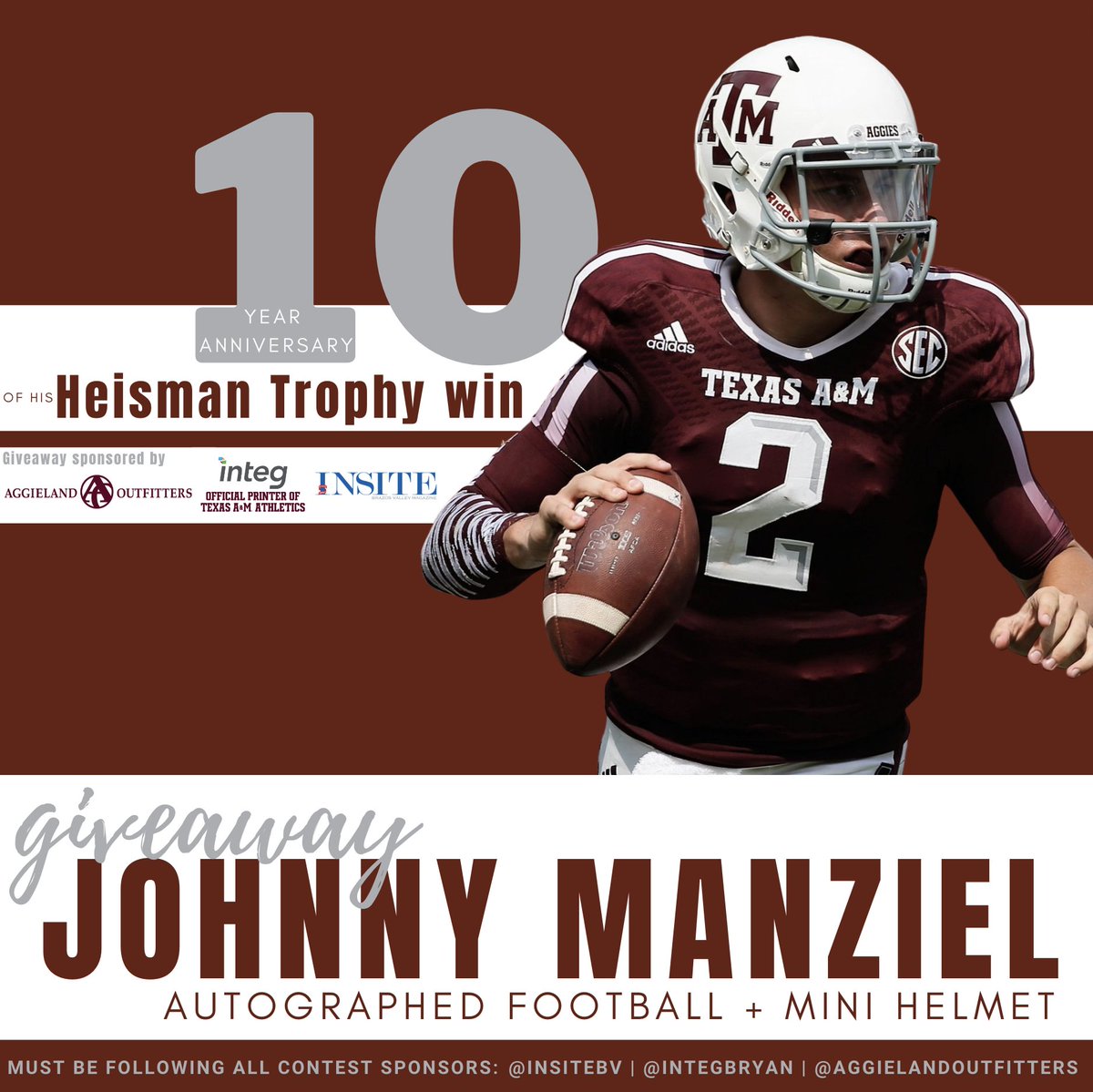 IntegBryan's tweet image. Howdy all @AggieFootball fans — it's time for a special giveaway featuring autographed merchandise from former Texas A&amp;amp;M and NFL quarterback @JManziel2!

Enter now: tx.ag/JohnnyManzielG…

*Must be following all contest sponsors: 
@insitebv @integbryan @aggieoutfitters