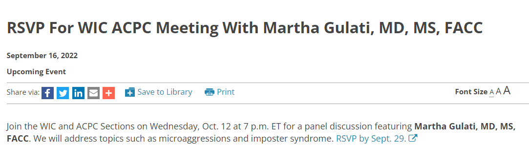 #ACCWIC #ACCACPC you can still RSVP for the Oct. 12th WIC-ACPC Meeting ft. @DrMarthaGulati! All are welcome. Join us to discuss topics like microaggressions & imposter syndrome. accmembership.wufoo.com/forms/z1tuawtx… @DrJenniferCo_Vu @nicolejsuttonmd @ToralRPatelMD @NoreenNazirMD